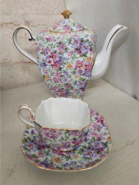 Royal Cotswolds Chintz Floral Teapot Cup & Saucer Gold Trim